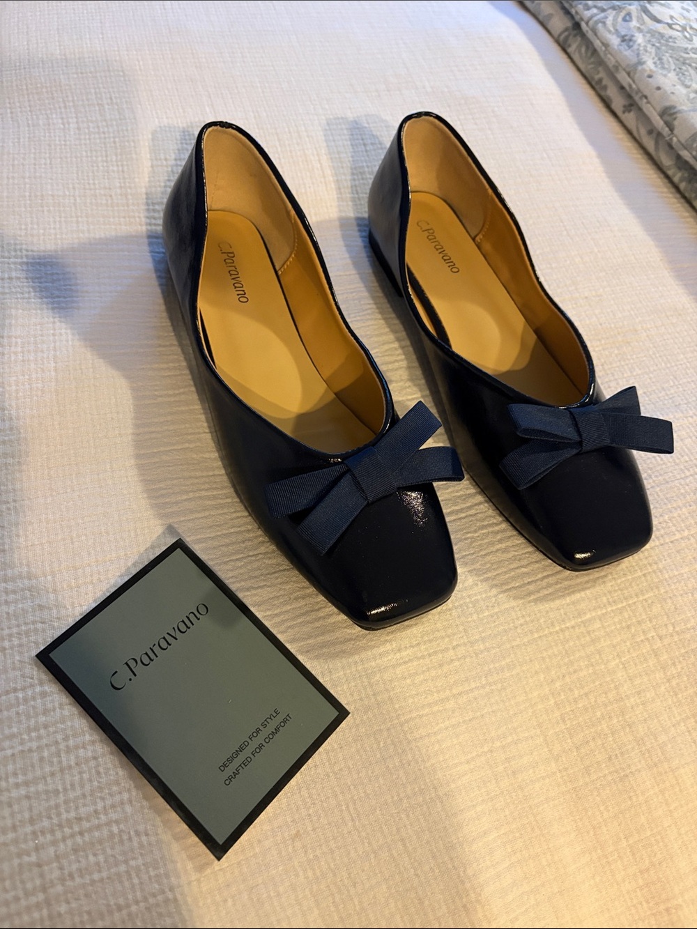 C. Paravano Navy Patent Bow Square-Toe Flats
